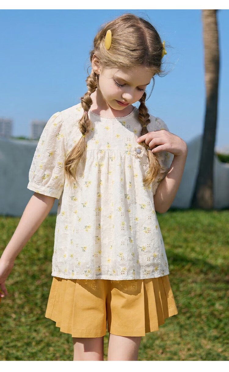 CHANZUIGOU Girls' Glutinous Yellow Floral Print Short Sleeve Top 2026 Summer New Stylish Versatile Shirt 22